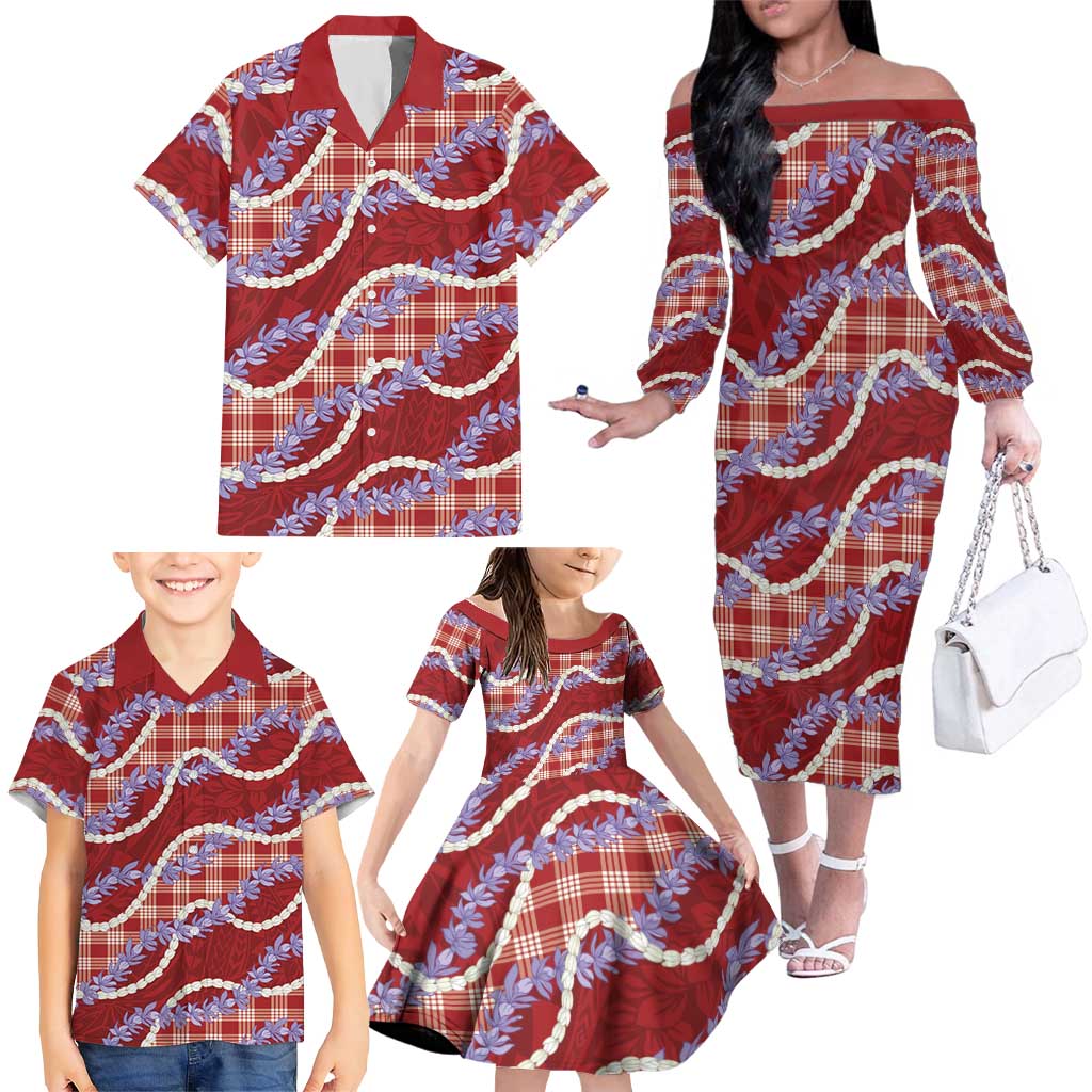 Red Hawaii Palaka Honohono Pikake Family Matching Off The Shoulder Long Sleeve Dress and Hawaiian Shirt Hawaiian Orchid Lei Polynesian Pattern LT14 - Polynesian Pride