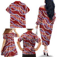 Red Hawaii Palaka Honohono Pikake Family Matching Off The Shoulder Long Sleeve Dress and Hawaiian Shirt Hawaiian Orchid Lei Polynesian Pattern LT14 - Polynesian Pride