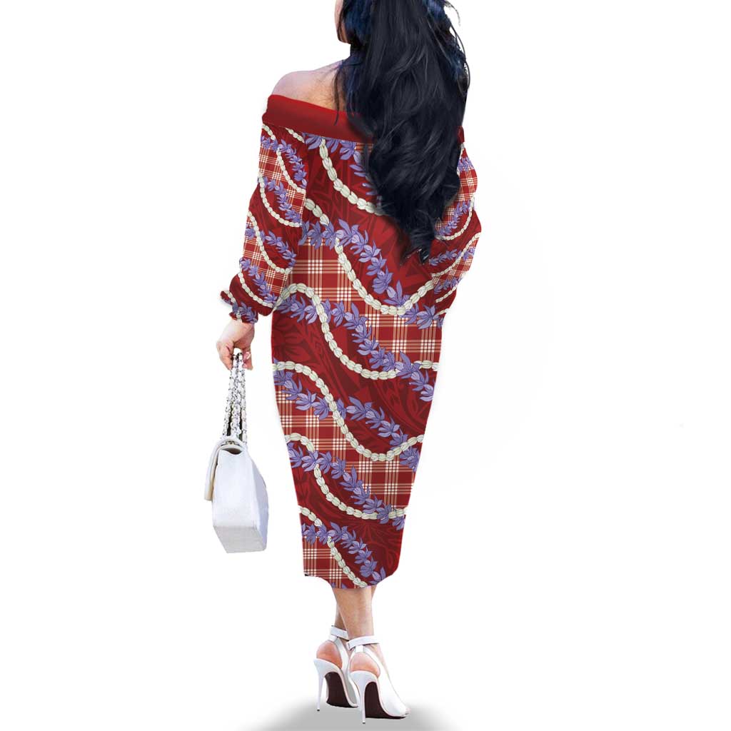 Red Hawaii Palaka Honohono Pikake Family Matching Off The Shoulder Long Sleeve Dress and Hawaiian Shirt Hawaiian Orchid Lei Polynesian Pattern LT14 - Polynesian Pride