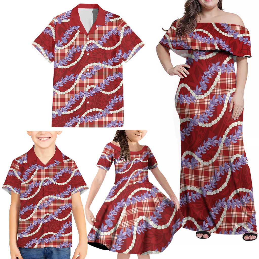 Red Hawaii Palaka Honohono Pikake Family Matching Off Shoulder Maxi Dress and Hawaiian Shirt Hawaiian Orchid Lei Polynesian Pattern LT14 - Polynesian Pride