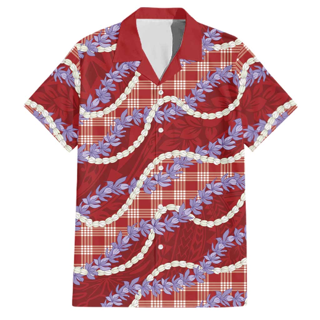 Red Hawaii Palaka Honohono Pikake Family Matching Off Shoulder Maxi Dress and Hawaiian Shirt Hawaiian Orchid Lei Polynesian Pattern LT14 Dad's Shirt - Short Sleeve Red - Polynesian Pride