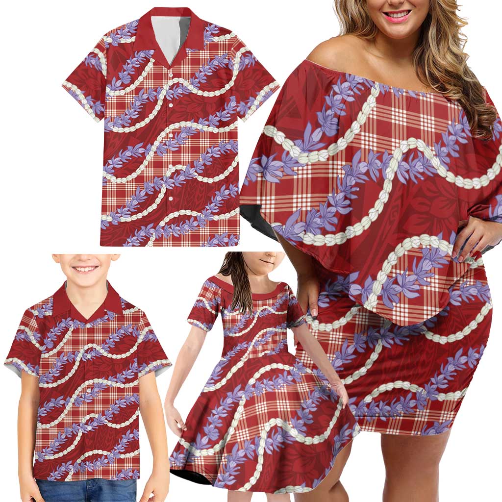 Red Hawaii Palaka Honohono Pikake Family Matching Off Shoulder Short Dress and Hawaiian Shirt Hawaiian Orchid Lei Polynesian Pattern LT14 - Polynesian Pride