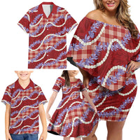 Red Hawaii Palaka Honohono Pikake Family Matching Off Shoulder Short Dress and Hawaiian Shirt Hawaiian Orchid Lei Polynesian Pattern LT14 - Polynesian Pride