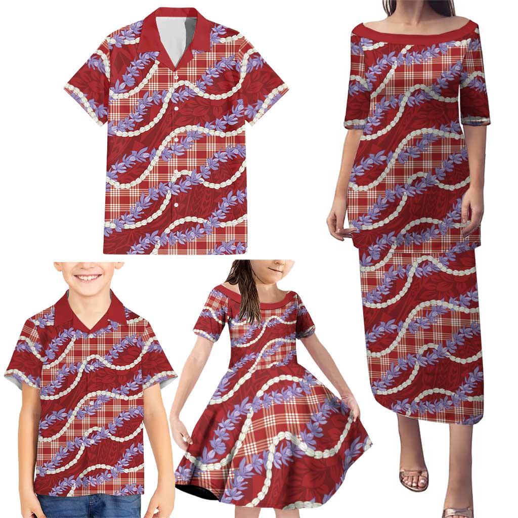 Red Hawaii Palaka Honohono Pikake Family Matching Puletasi and Hawaiian Shirt Hawaiian Orchid Lei Polynesian Pattern - Polynesian Pride