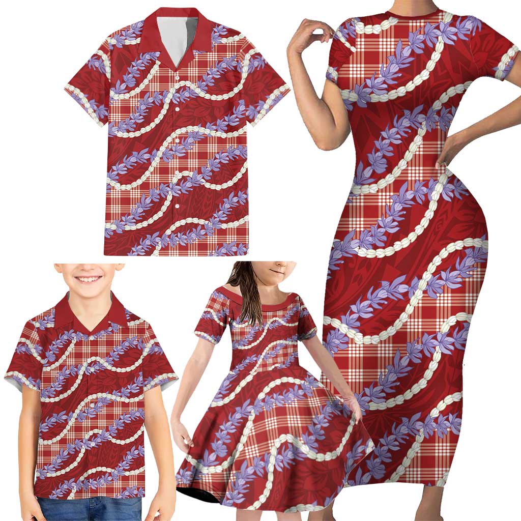 Red Hawaii Palaka Honohono Pikake Family Matching Short Sleeve Bodycon Dress and Hawaiian Shirt Hawaiian Orchid Lei Polynesian Pattern LT14 - Polynesian Pride