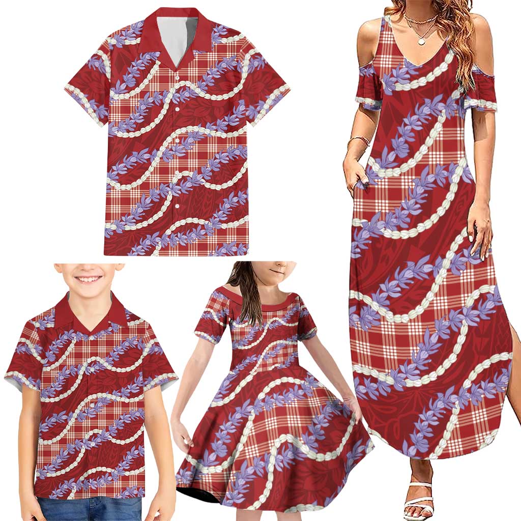 Red Hawaii Palaka Honohono Pikake Family Matching Summer Maxi Dress and Hawaiian Shirt Hawaiian Orchid Lei Polynesian Pattern - Polynesian Pride