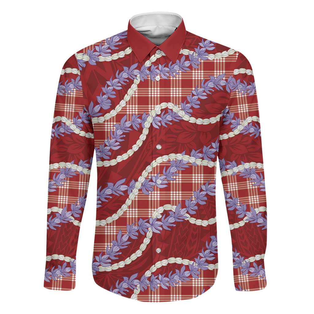 Red Hawaii Palaka Honohono Pikake Family Matching Tank Maxi Dress and Hawaiian Shirt Hawaiian Orchid Lei Polynesian Pattern LT14 Dad's Shirt - Long Sleeve Red - Polynesian Pride