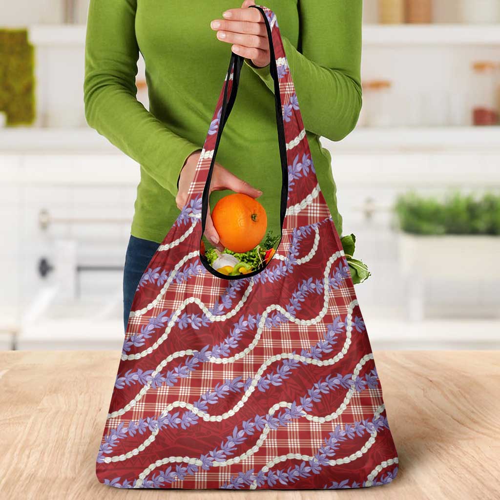 Red Hawaii Palaka Honohono Pikake Grocery Bag Hawaiian Orchid Lei Polynesian Pattern - Polynesian Pride