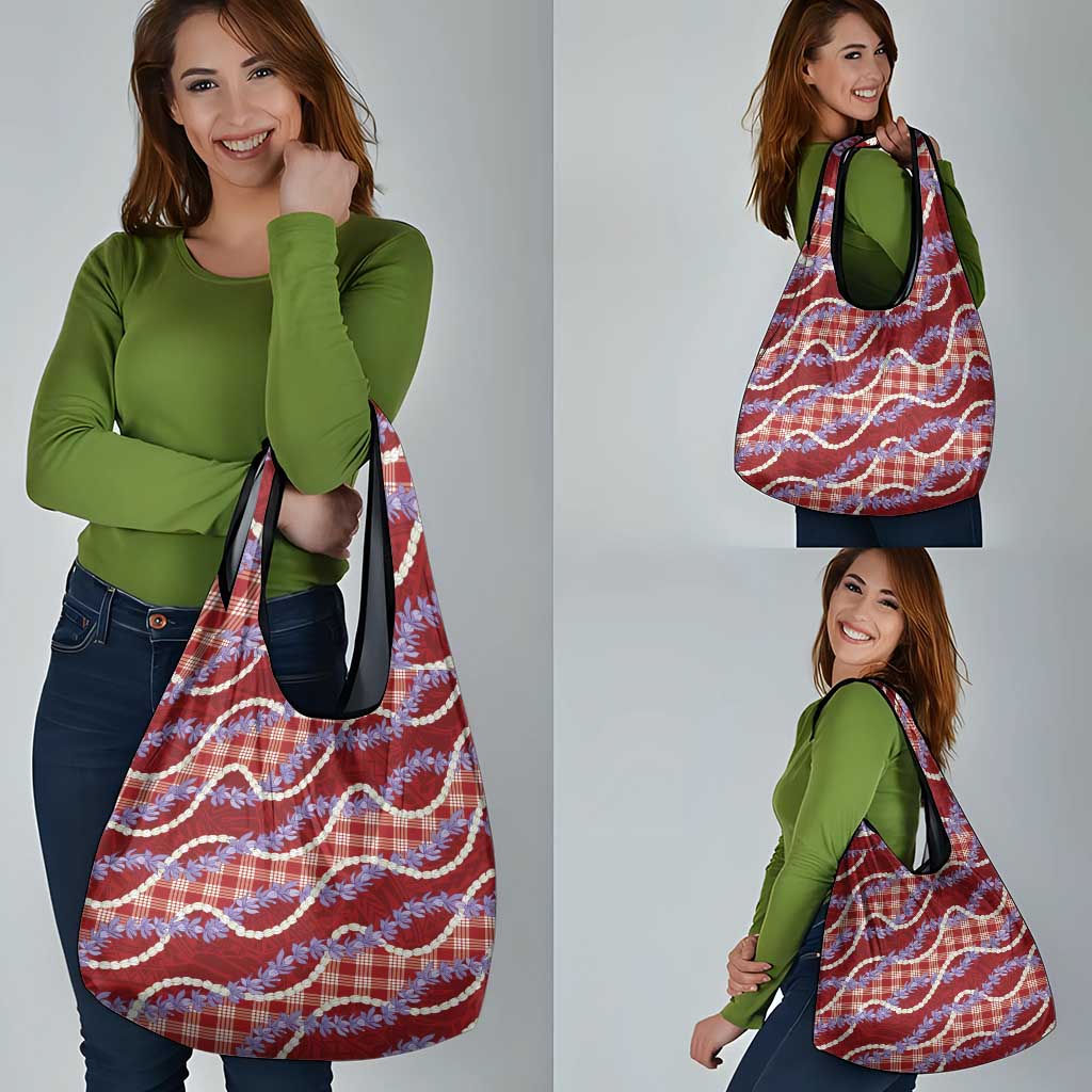 Red Hawaii Palaka Honohono Pikake Grocery Bag Hawaiian Orchid Lei Polynesian Pattern - Polynesian Pride