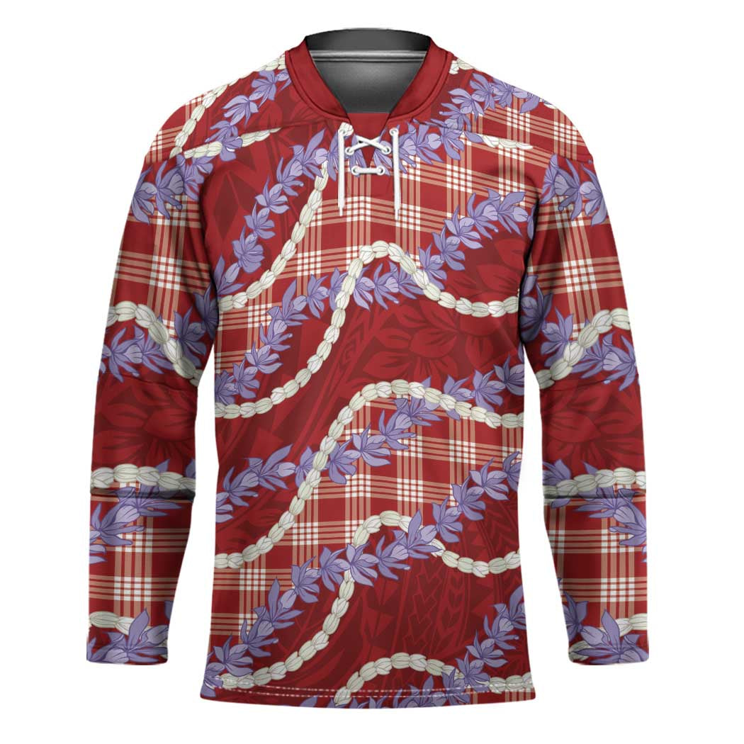 Red Hawaii Palaka Honohono Pikake Hockey Jersey Hawaiian Orchid Lei Polynesian Pattern - Polynesian Pride