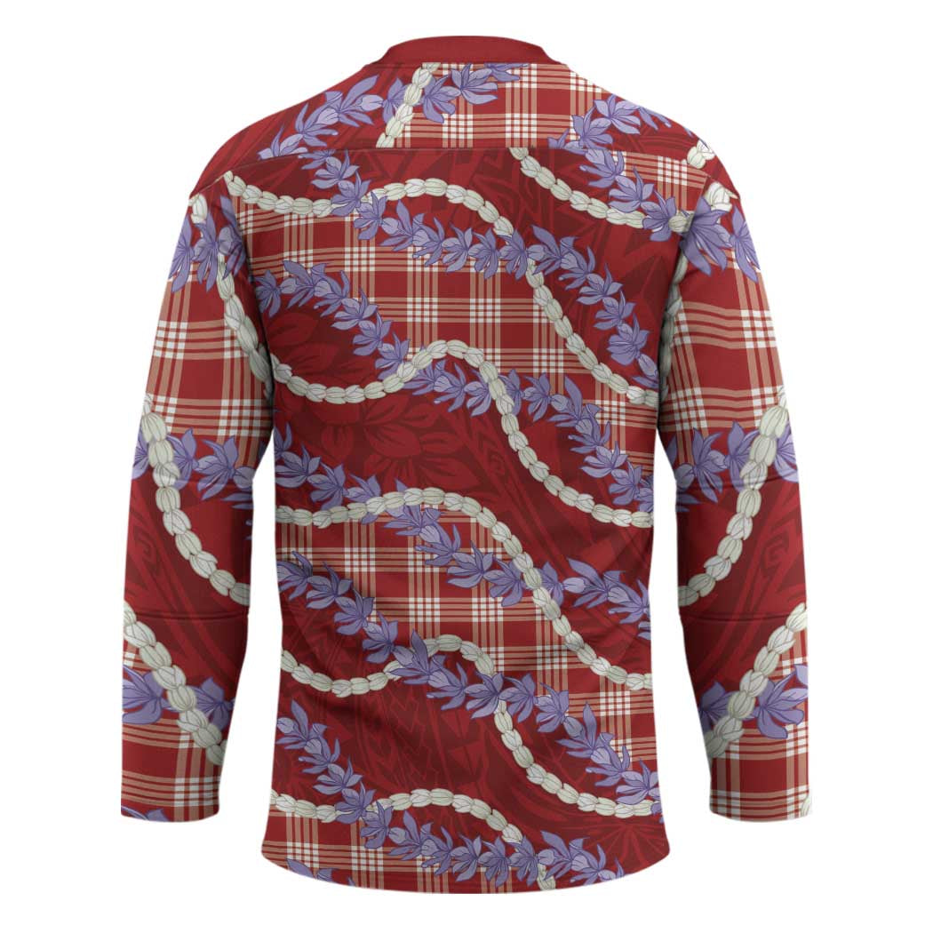 Red Hawaii Palaka Honohono Pikake Hockey Jersey Hawaiian Orchid Lei Polynesian Pattern - Polynesian Pride
