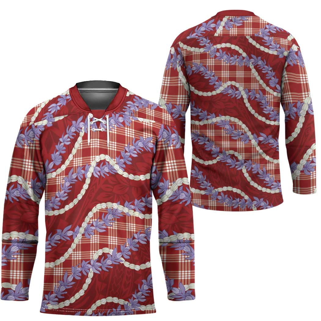 Red Hawaii Palaka Honohono Pikake Hockey Jersey Hawaiian Orchid Lei Polynesian Pattern - Polynesian Pride