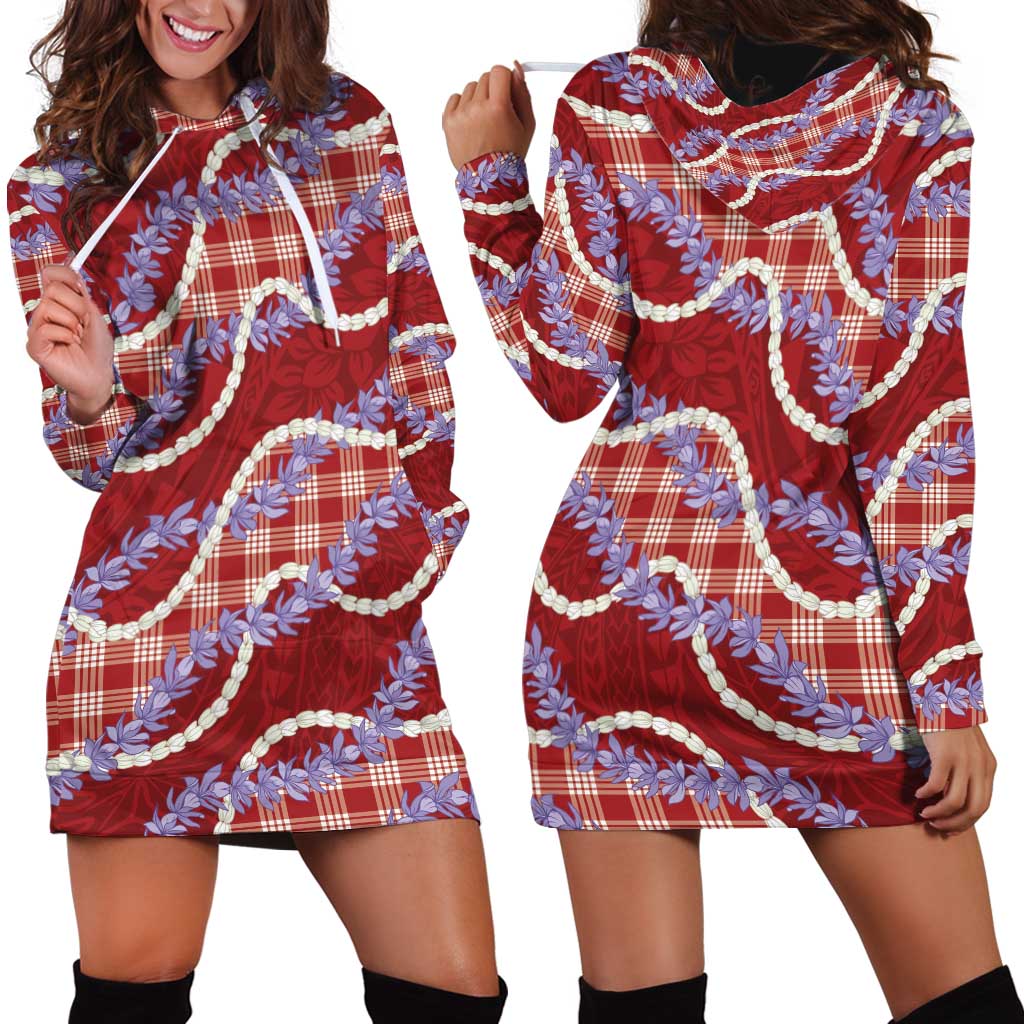 Red Hawaii Palaka Honohono Pikake Hoodie Dress Hawaiian Orchid Lei Polynesian Pattern LT14 - Polynesian Pride