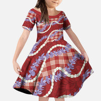 Red Hawaii Palaka Honohono Pikake Kid Short Sleeve Dress Hawaiian Orchid Lei Polynesian Pattern - Polynesian Pride