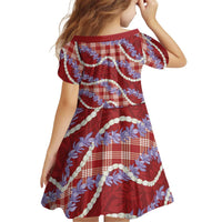 Red Hawaii Palaka Honohono Pikake Kid Short Sleeve Dress Hawaiian Orchid Lei Polynesian Pattern - Polynesian Pride