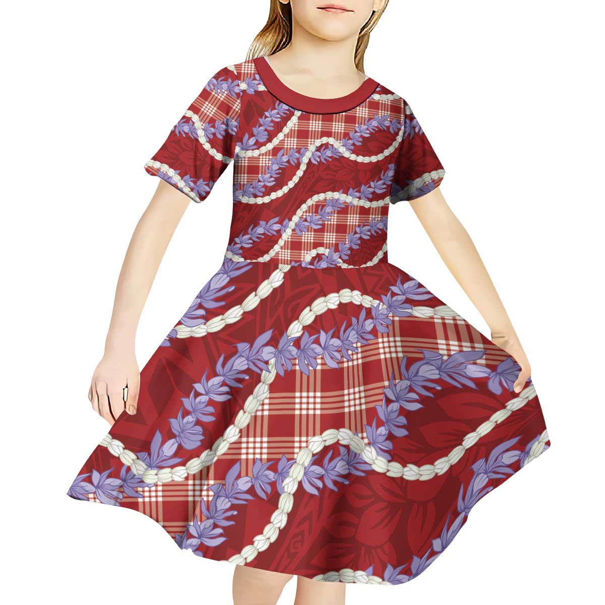 Red Hawaii Palaka Honohono Pikake Kid Short Sleeve Dress Hawaiian Orchid Lei Polynesian Pattern - Polynesian Pride