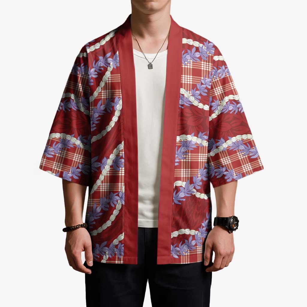 Red Hawaii Palaka Honohono Pikake Kimono Hawaiian Orchid Lei Polynesian Pattern - Polynesian Pride