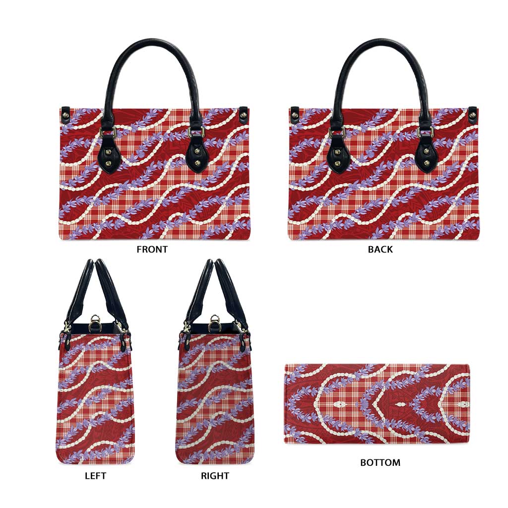 Red Hawaii Palaka Honohono Pikake Leather Bag Hawaiian Orchid Lei Polynesian Pattern - Polynesian Pride