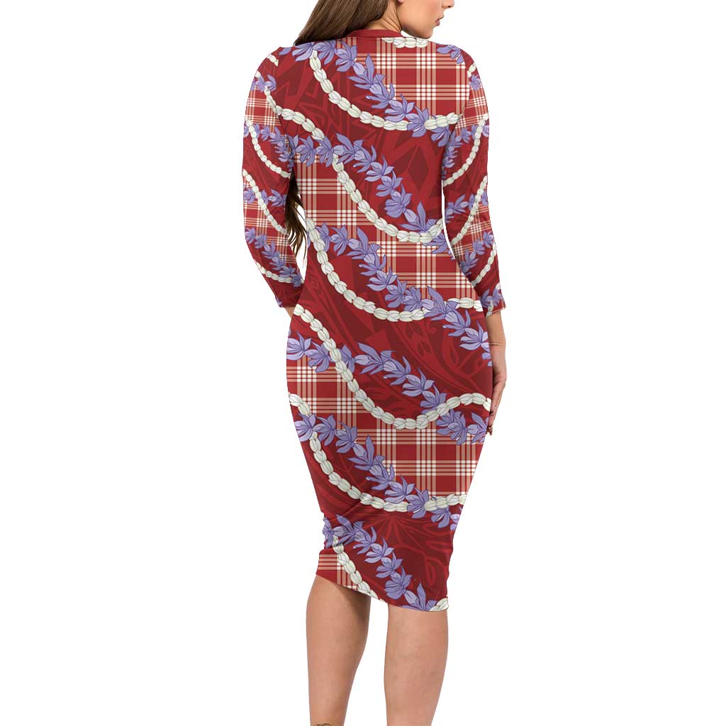 Red Hawaii Palaka Honohono Pikake Long Sleeve Bodycon Dress Hawaiian Orchid Lei Polynesian Pattern LT14 - Polynesian Pride
