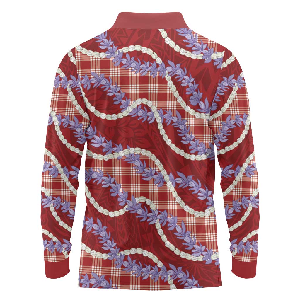 Red Hawaii Palaka Honohono Pikake Long Sleeve Polo Shirt Hawaiian Orchid Lei Polynesian Pattern - Polynesian Pride