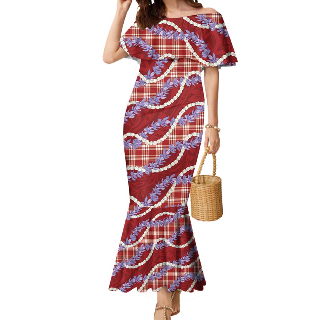 Red Hawaii Palaka Honohono Pikake Mermaid Dress Hawaiian Orchid Lei Polynesian Pattern - Polynesian Pride