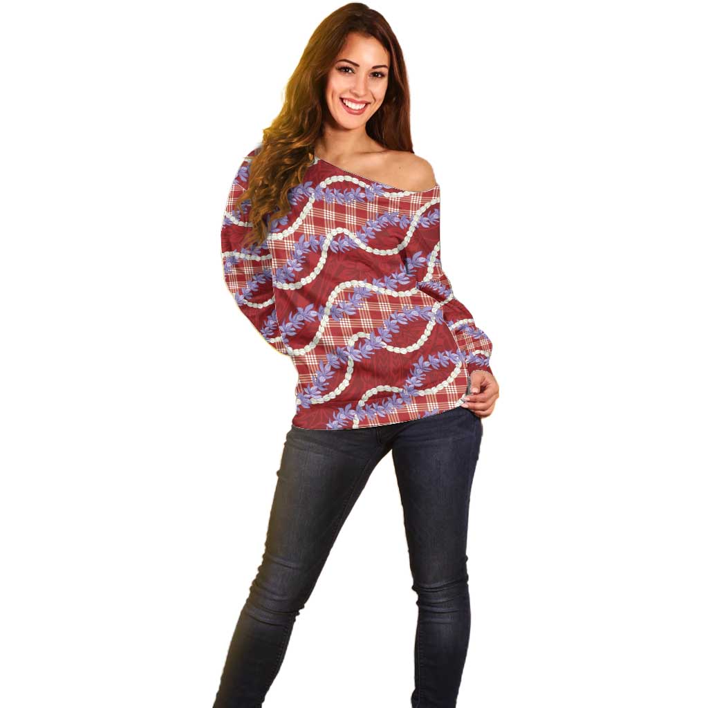 Red Hawaii Palaka Honohono Pikake Off Shoulder Sweater Hawaiian Orchid Lei Polynesian Pattern - Polynesian Pride