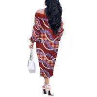 Red Hawaii Palaka Honohono Pikake Off The Shoulder Long Sleeve Dress Hawaiian Orchid Lei Polynesian Pattern LT14 - Polynesian Pride