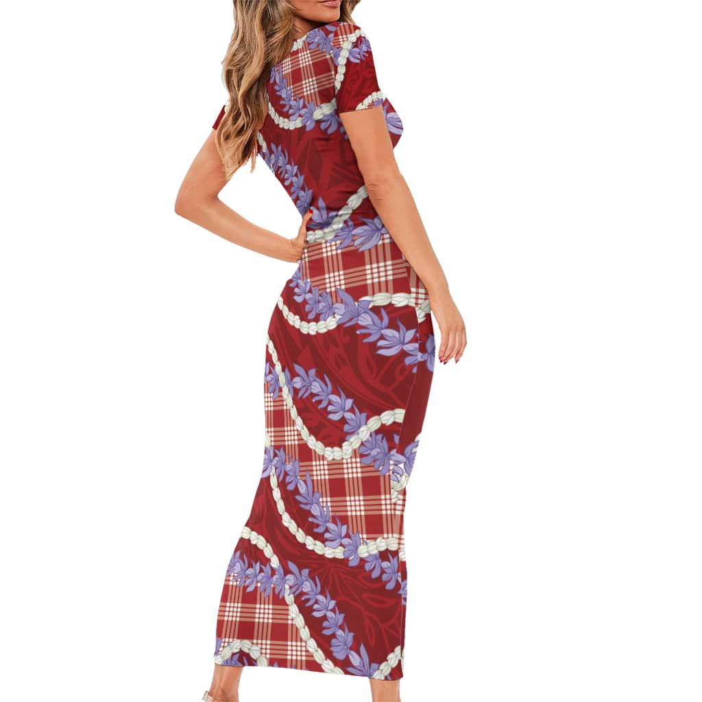 Red Hawaii Palaka Honohono Pikake Short Sleeve Bodycon Dress Hawaiian Orchid Lei Polynesian Pattern LT14 - Polynesian Pride
