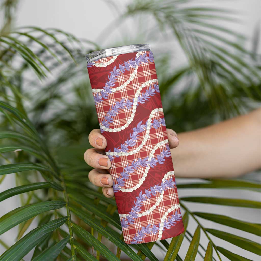 Red Hawaii Palaka Honohono Pikake Skinny Tumbler Hawaiian Orchid Lei Polynesian Pattern LT14 - Polynesian Pride