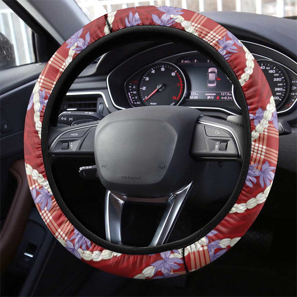 Red Hawaii Palaka Honohono Pikake Steering Wheel Cover Hawaiian Orchid Lei Polynesian Pattern LT14 - Polynesian Pride
