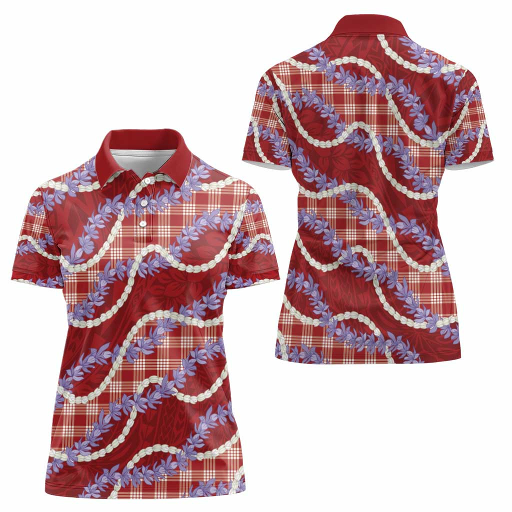 Red Hawaii Palaka Honohono Pikake Women Polo Shirt Hawaiian Orchid Lei Polynesian Pattern - Polynesian Pride