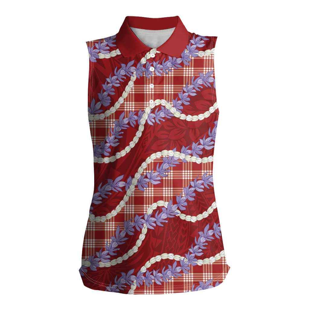 Red Hawaii Palaka Honohono Pikake Women Sleeveless Polo Shirt Hawaiian Orchid Lei Polynesian Pattern LT14 Female Red - Polynesian Pride
