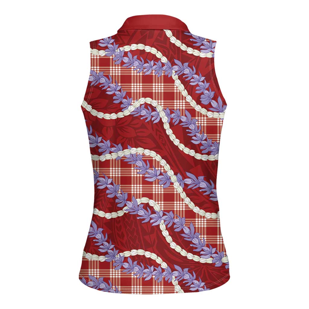 Red Hawaii Palaka Honohono Pikake Women Sleeveless Polo Shirt Hawaiian Orchid Lei Polynesian Pattern LT14 - Polynesian Pride