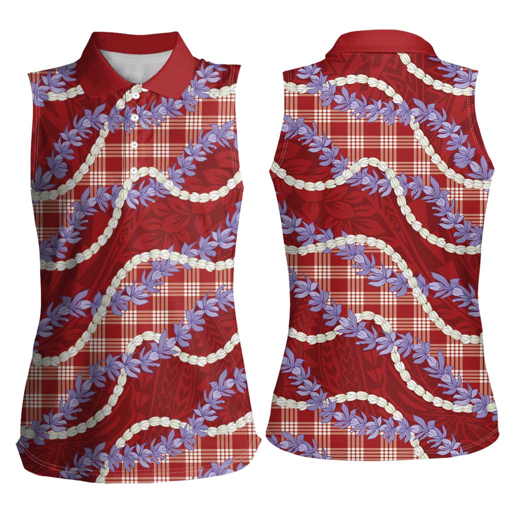 Red Hawaii Palaka Honohono Pikake Women Sleeveless Polo Shirt Hawaiian Orchid Lei Polynesian Pattern LT14 - Polynesian Pride