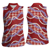 Red Hawaii Palaka Honohono Pikake Women Sleeveless Polo Shirt Hawaiian Orchid Lei Polynesian Pattern LT14 - Polynesian Pride