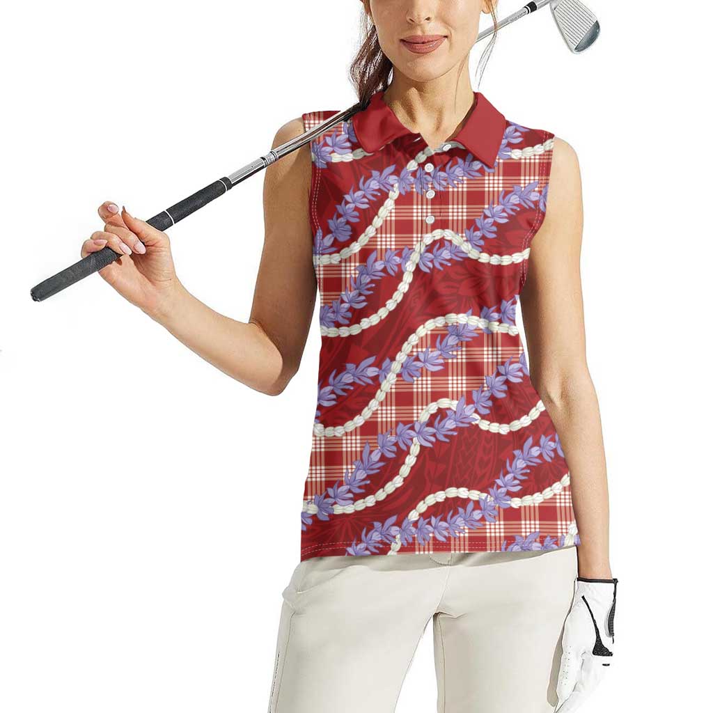 Red Hawaii Palaka Honohono Pikake Women Sleeveless Polo Shirt Hawaiian Orchid Lei Polynesian Pattern LT14 - Polynesian Pride
