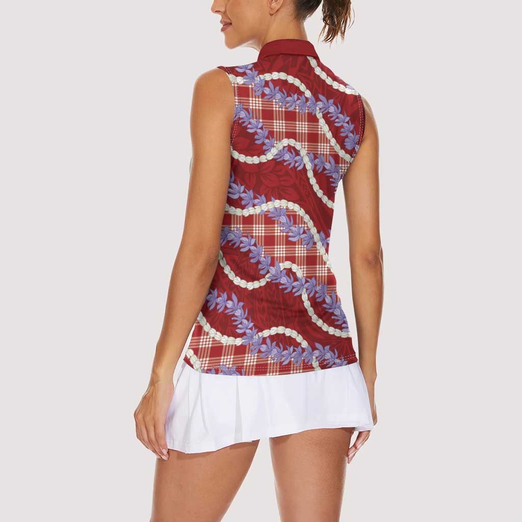 Red Hawaii Palaka Honohono Pikake Women Sleeveless Polo Shirt Hawaiian Orchid Lei Polynesian Pattern LT14 - Polynesian Pride
