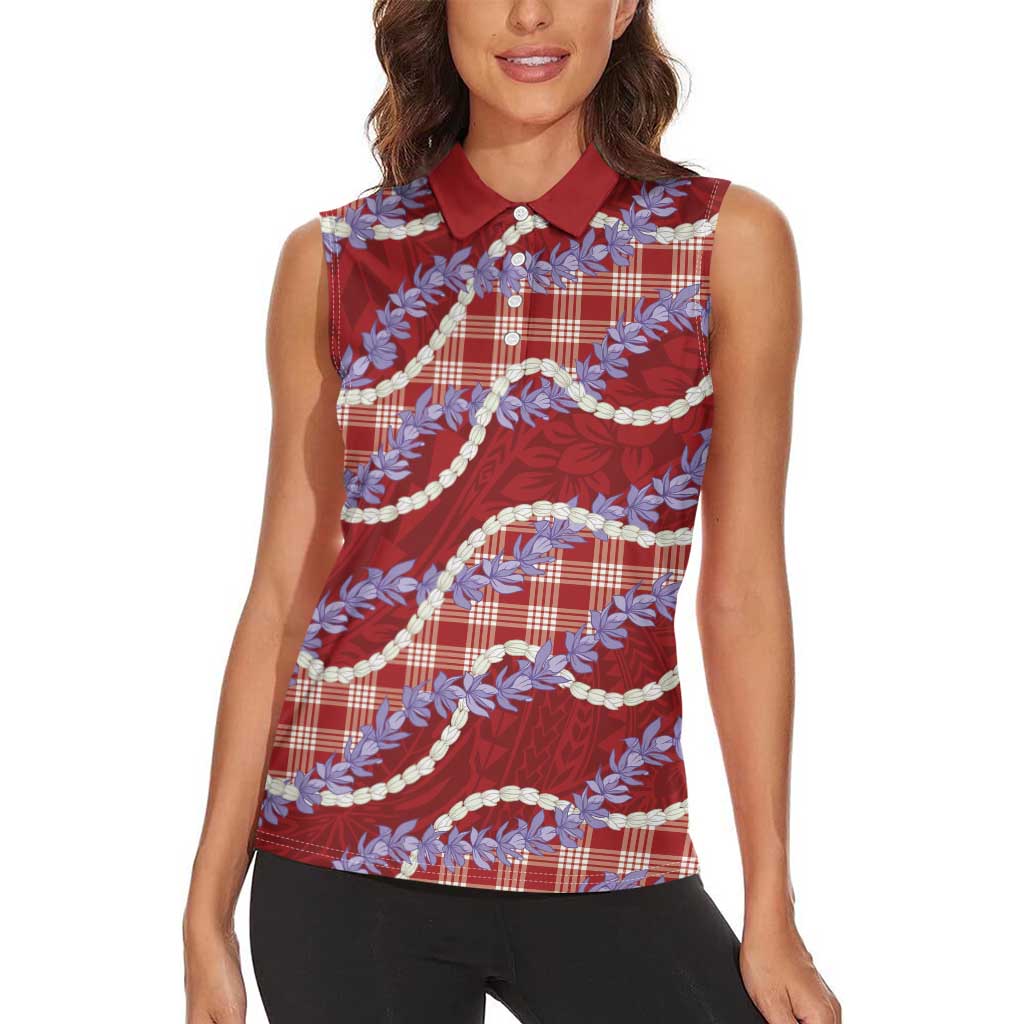 Red Hawaii Palaka Honohono Pikake Women Sleeveless Polo Shirt Hawaiian Orchid Lei Polynesian Pattern LT14 - Polynesian Pride