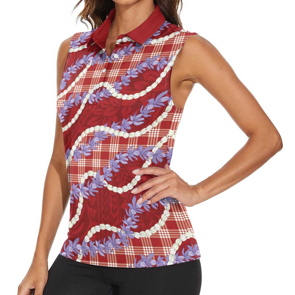 Red Hawaii Palaka Honohono Pikake Women Sleeveless Polo Shirt Hawaiian Orchid Lei Polynesian Pattern LT14 - Polynesian Pride