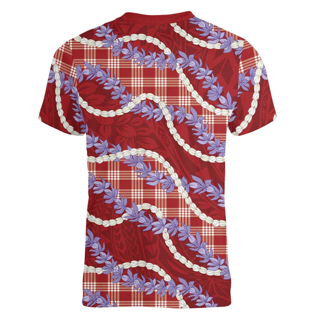 Red Hawaii Palaka Honohono Pikake Women V-Neck T-Shirt Hawaiian Orchid Lei Polynesian Pattern LT14 - Polynesian Pride