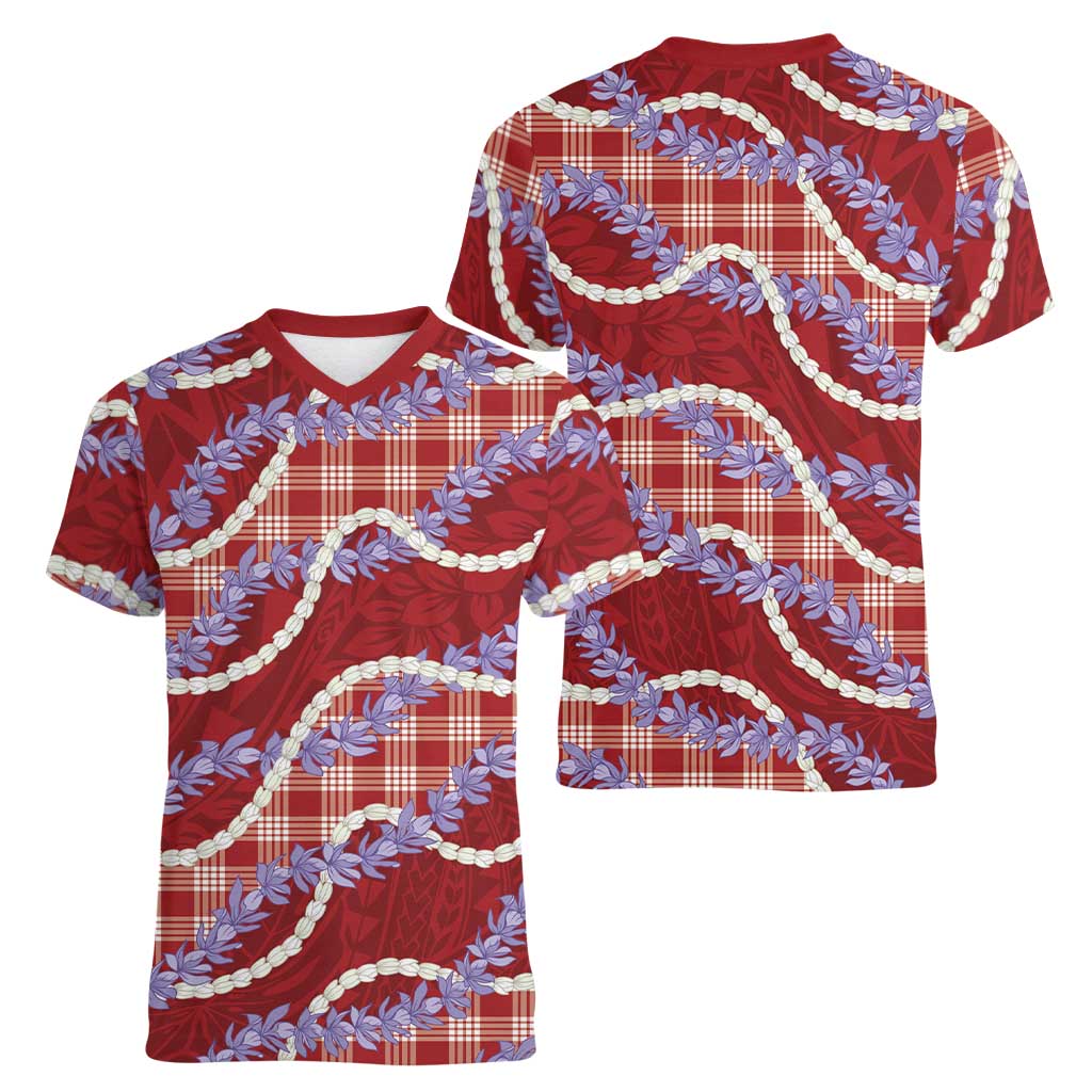 Red Hawaii Palaka Honohono Pikake Women V-Neck T-Shirt Hawaiian Orchid Lei Polynesian Pattern LT14 - Polynesian Pride