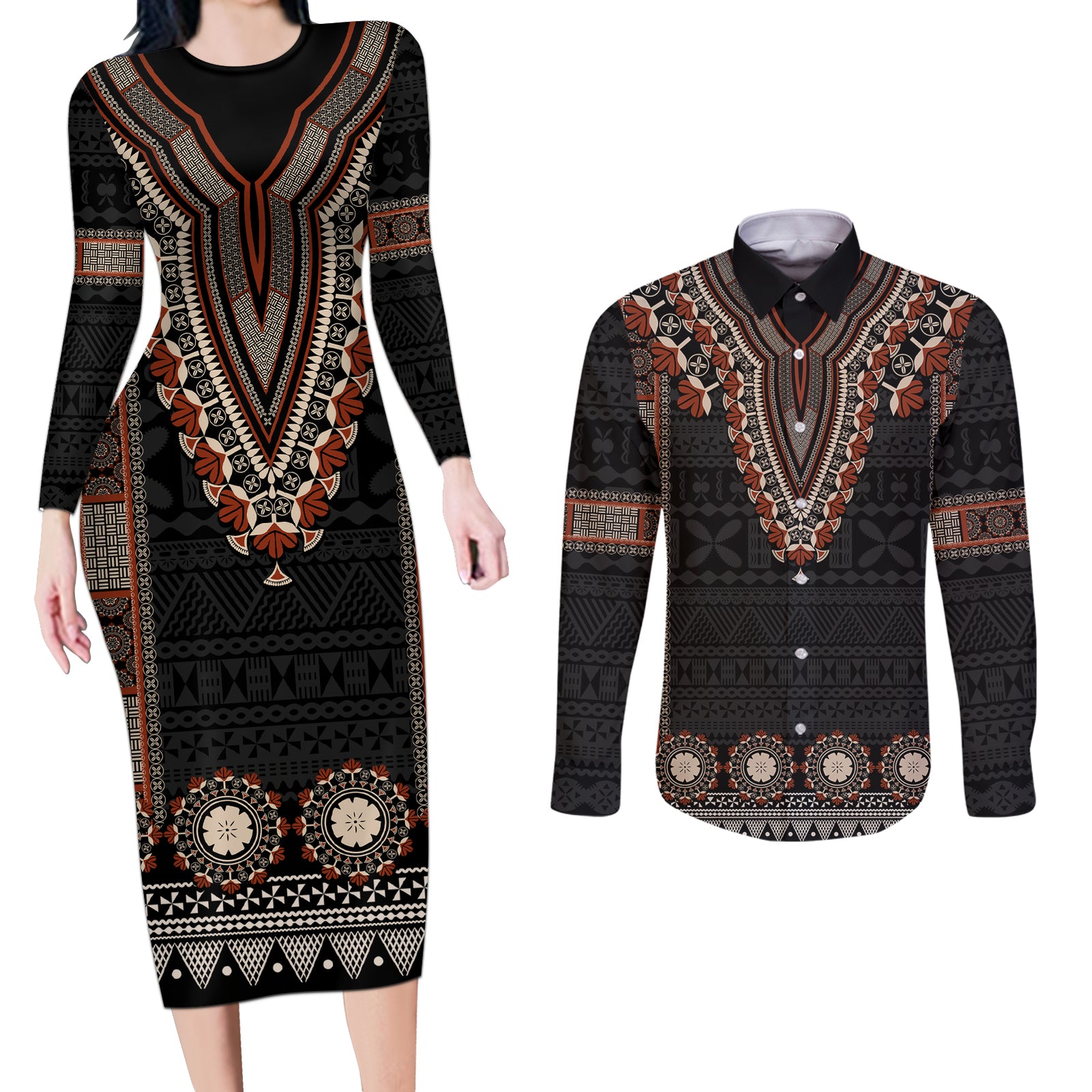 Bula Fiji Dashiki Vintage Fijian Masi Tapa Pattern Couples Matching Long Sleeve Bodycon Dress and Long Sleeve Button Shirt LT14 Brown - Polynesian Pride