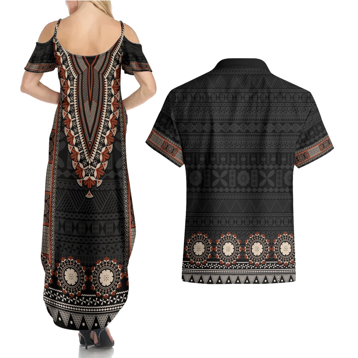 Bula Fiji Dashiki Vintage Fijian Masi Tapa Pattern Couples Matching Summer Maxi Dress and Hawaiian Shirt LT14 - Polynesian Pride