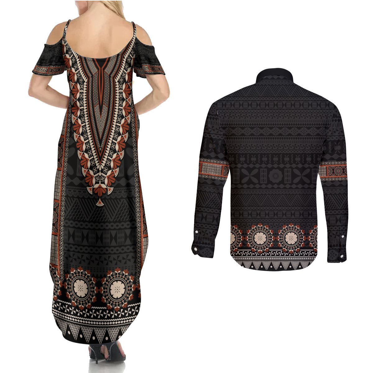 Bula Fiji Dashiki Vintage Fijian Masi Tapa Pattern Couples Matching Summer Maxi Dress and Long Sleeve Button Shirt LT14 - Polynesian Pride