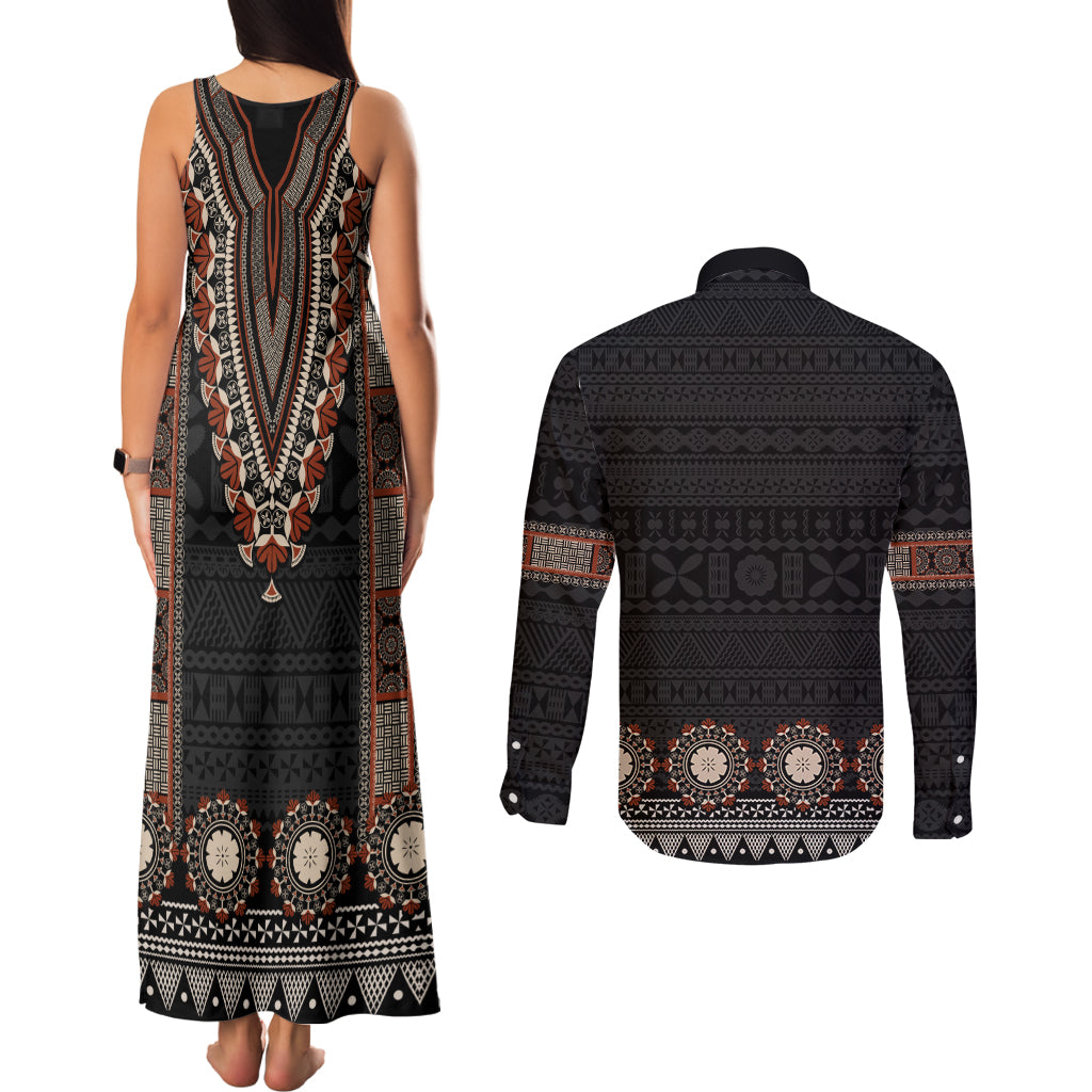 Bula Fiji Dashiki Vintage Fijian Masi Tapa Pattern Couples Matching Tank Maxi Dress and Long Sleeve Button Shirt LT14 - Polynesian Pride