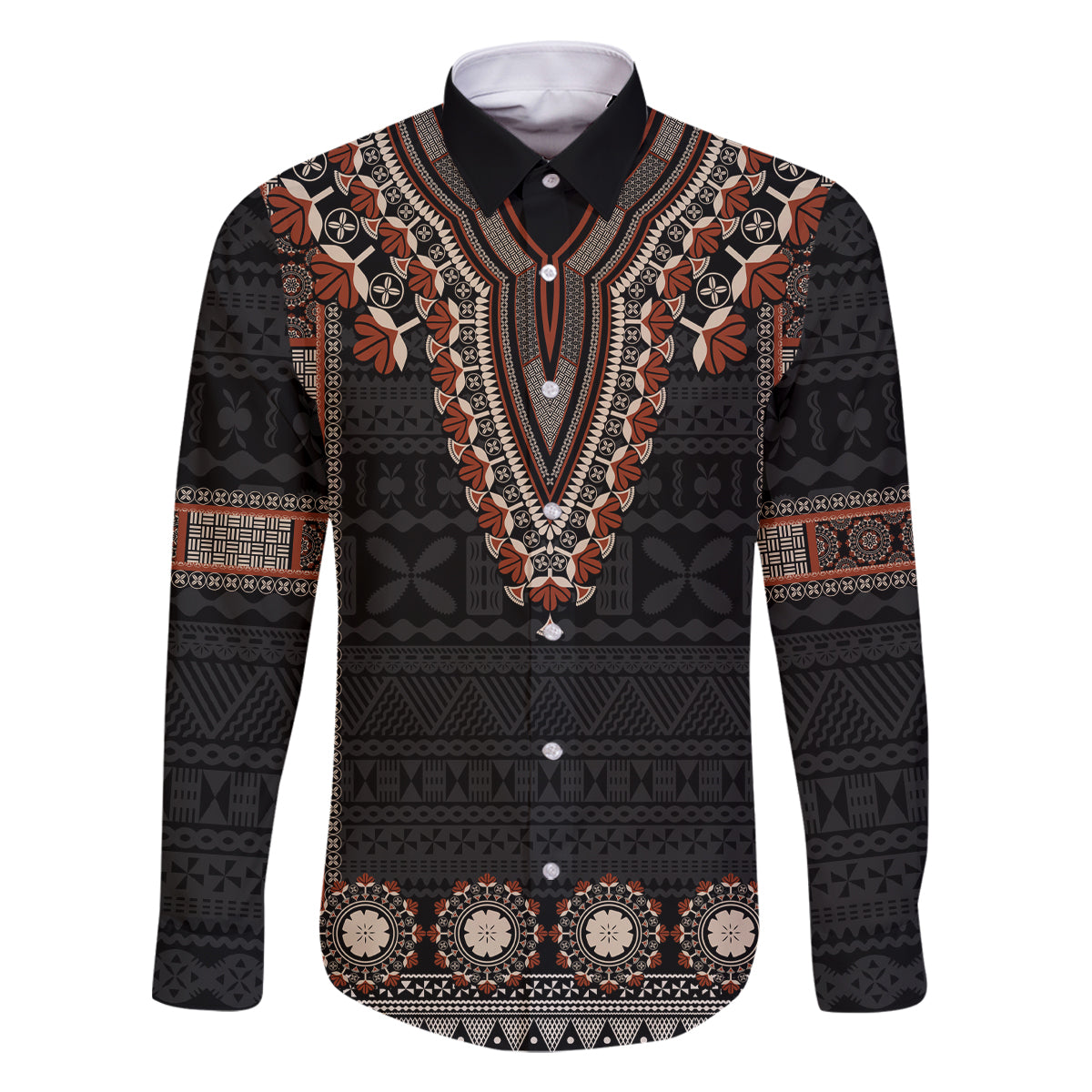 Bula Fiji Dashiki Vintage Fijian Masi Tapa Pattern Family Matching Off Shoulder Maxi Dress and Hawaiian Shirt LT14 Dad's Shirt - Long Sleeve Brown - Polynesian Pride