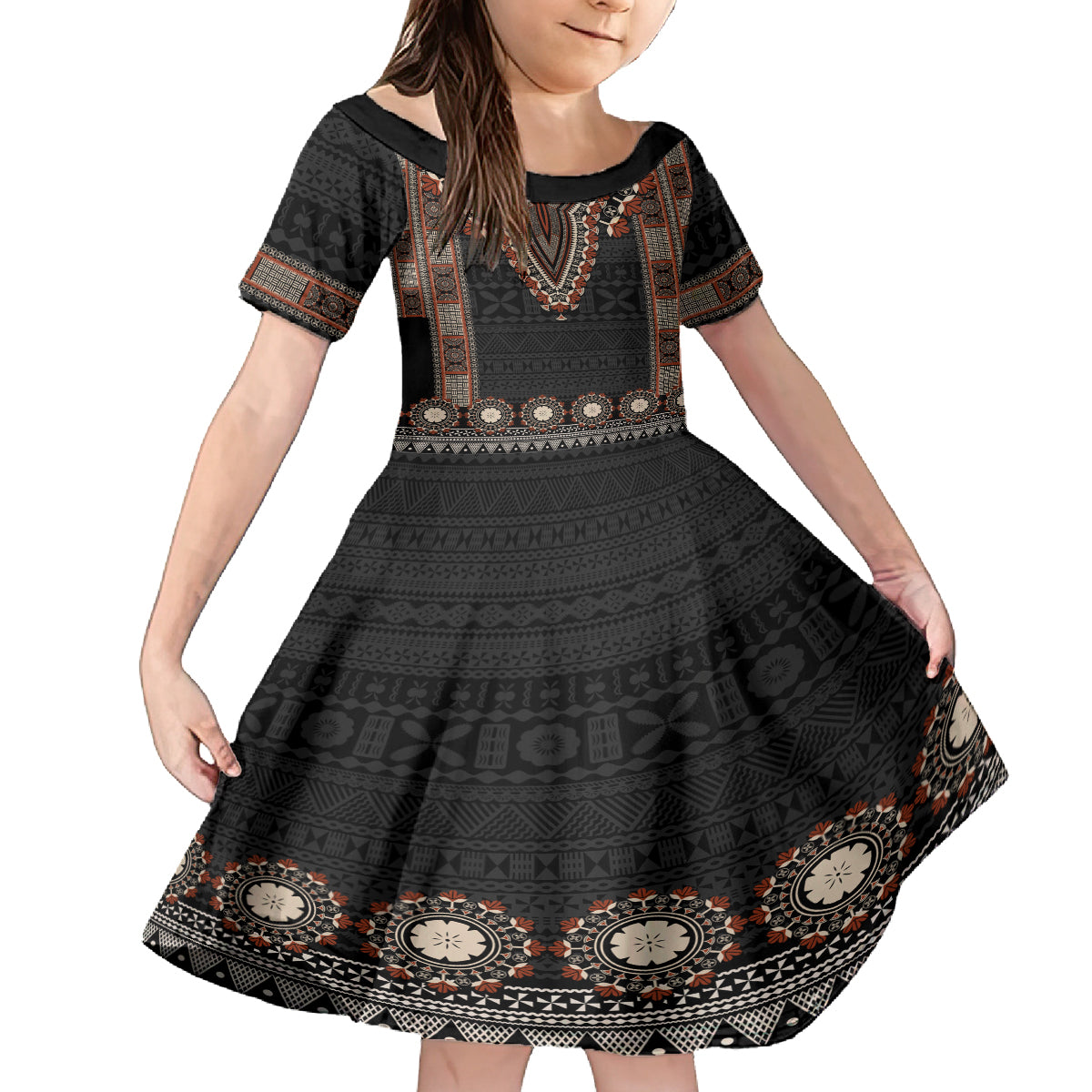 Bula Fiji Dashiki Vintage Fijian Masi Tapa Pattern Family Matching Tank Maxi Dress and Hawaiian Shirt LT14 Daughter's Dress Brown - Polynesian Pride