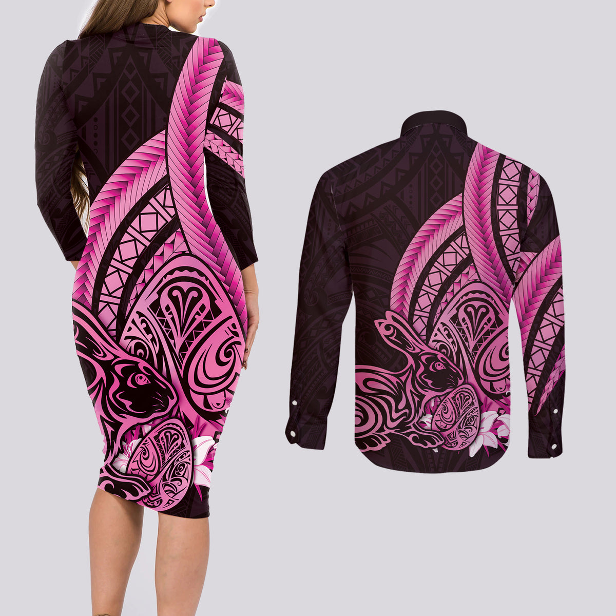 Pink Polynesia Easter Day Couples Matching Long Sleeve Bodycon Dress and Long Sleeve Button Shirt Eggs With Bunny Polynesian Pattern