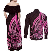 Pink Polynesia Easter Day Couples Matching Off Shoulder Maxi Dress and Long Sleeve Button Shirt Eggs With Bunny Polynesian Pattern