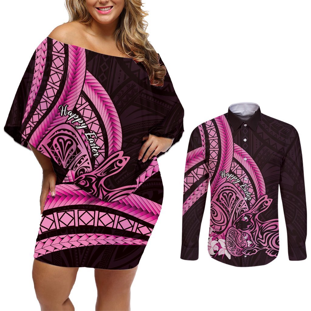 Pink Polynesia Easter Day Couples Matching Off Shoulder Short Dress and Long Sleeve Button Shirt Eggs With Bunny Polynesian Pattern LT14 Pink - Polynesian Pride